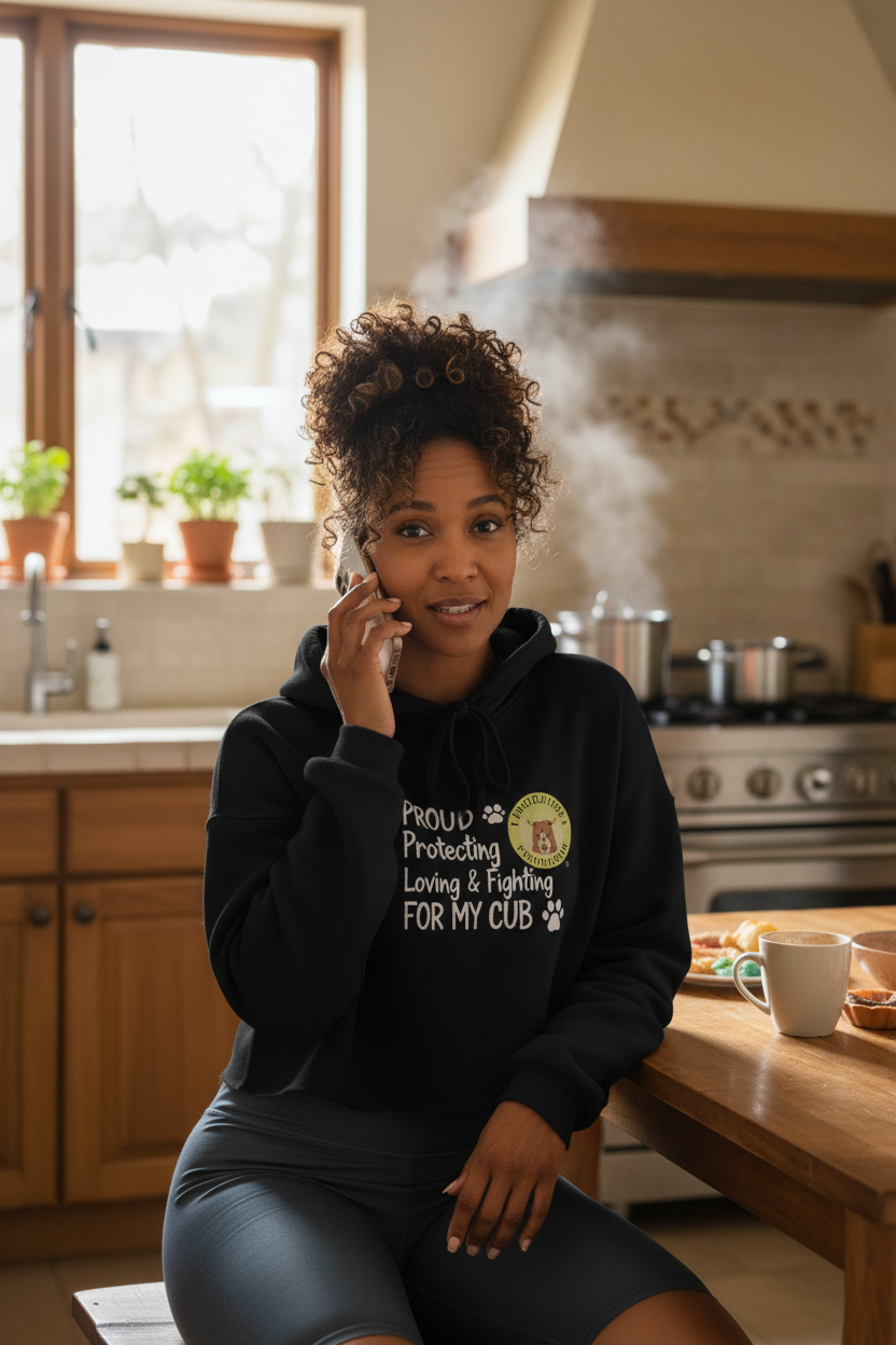 Black mom at kitchen table on phone in crop hoodie