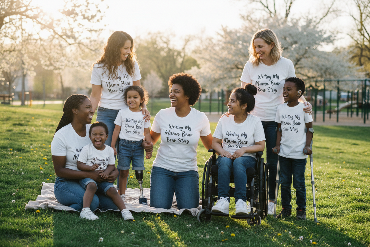 Five diverse moms each with a child with a visible disability